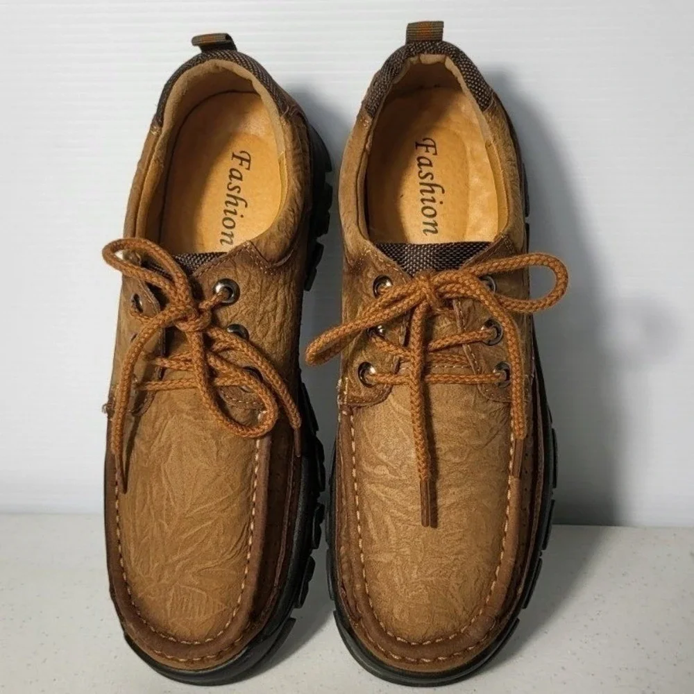 Fashion Mens Brown Textured Leather Moc Toe Oxford Hiking Shoes Lug Sole Brown